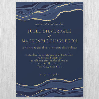 Navy Blue Marble Agate Gold Glitter Wedding Magnetic Invitation