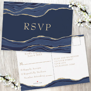 Navy Blue Marble Agate Gold Glitter Wedding RSVP