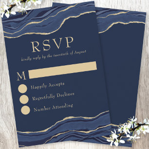 Navy Blue Marble Agate Gold Glitter Wedding RSVP Card