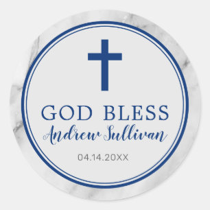 Navy Blue Marble Baptism Favour Classic Round Sticker