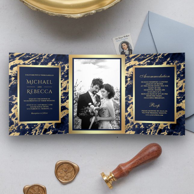 Navy Blue Marble Faux Gold Foil Photo Wedding Tri-Fold Invitation (Creator Uploaded)