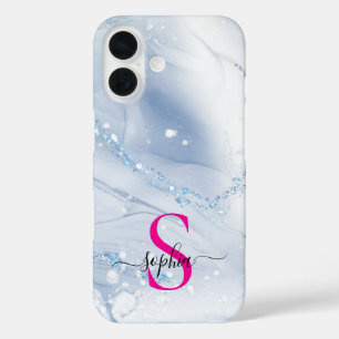 Navy blue marble gold glitter monogram iPhone 16 case