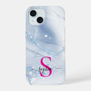Navy blue marble gold glitter monogram iPhone 15 case