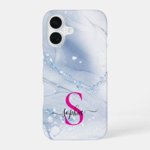 Navy blue marble gold glitter monogram iPhone 16 case