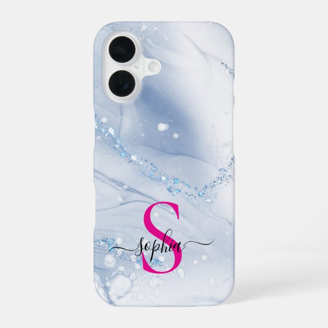 Navy blue marble gold glitter monogram iPhone 16 case (Back)