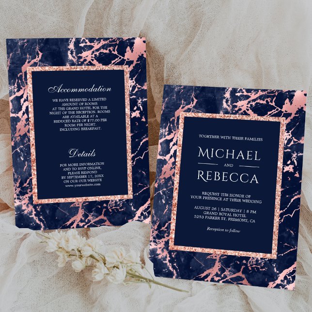 Navy Blue Marble Rose Gold All in One Wedding Invitation (Creator Uploaded)