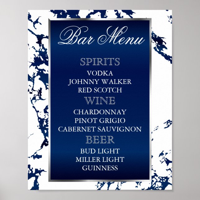 Navy Blue Marble, Silver & White - Bar Menu Poster (Front)
