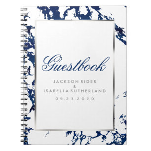 Navy Blue Marble, Silver & White - Guest Book