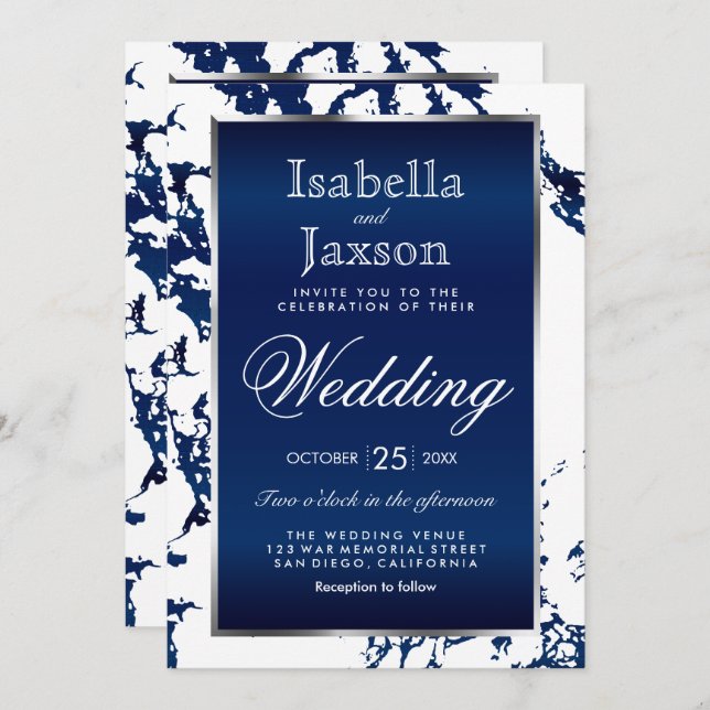 Navy Blue Marble, White & Silver Invitation (Front/Back)