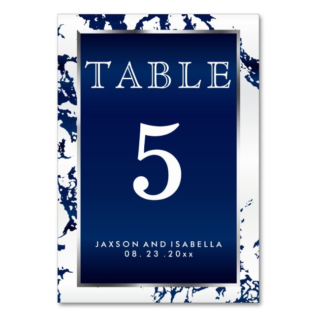 Navy Blue Marble, White & Silver - Table Card (Front)