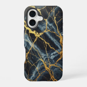 Navy Blue Marble with Gold Veins iPhone 16 Case