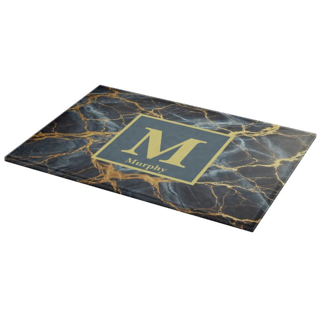 Navy Blue Marble with Gold Veins Monogram Cutting Board (Corner)
