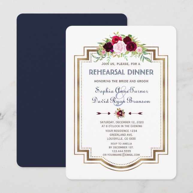 Navy Blue Marsala Floral Fall Rehearsal Dinner Invitation (Front/Back)