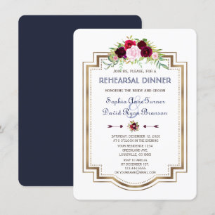 Navy Blue Marsala Floral Fall Rehearsal Dinner Invitation