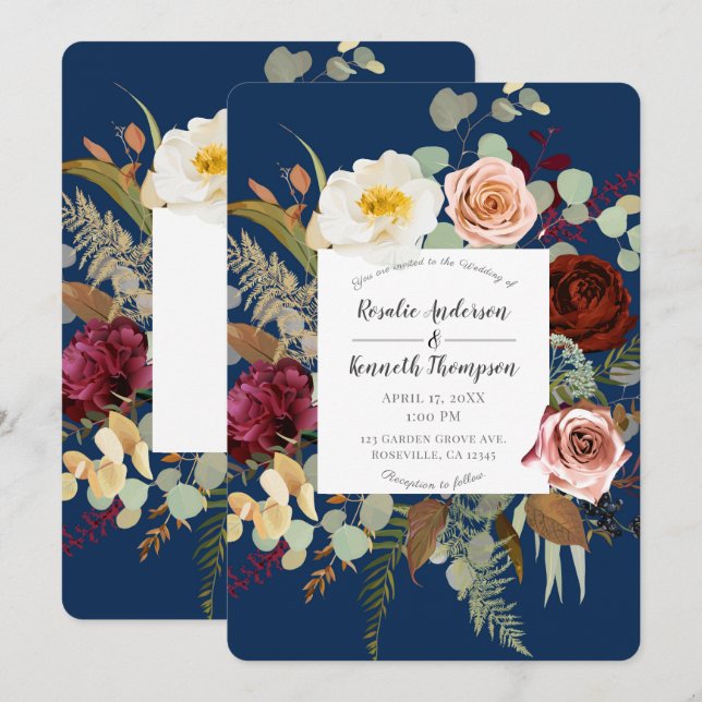 Navy Blue Marsala Pink Rustic Floral Bloom Wedding Invitation (Front/Back)