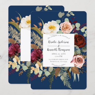 Navy Blue Marsala Pink Rustic Floral Bloom Wedding Invitation