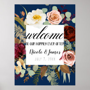 Navy Blue Marsala Pink Rustic Floral Bloom Wedding Poster