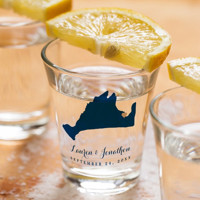 Navy Blue Martha's Vineyard Map Gold Heart Wedding Shot Glass (Creator Uploaded)