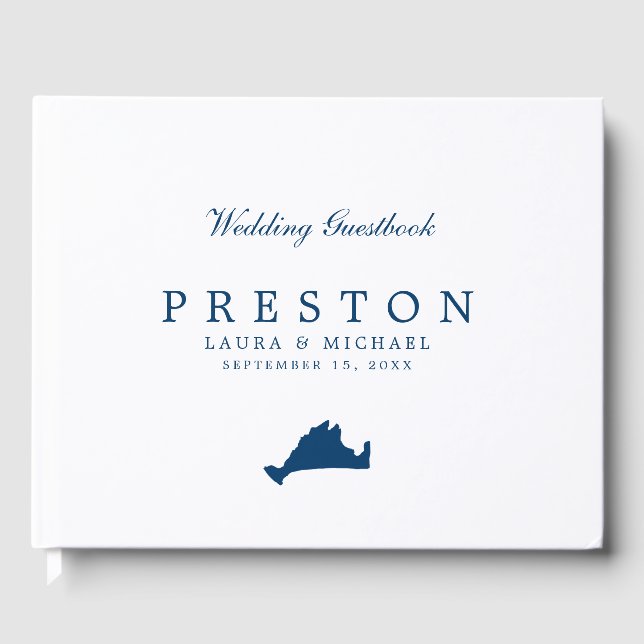 Navy Blue Martha's Vineyard Map Wedding Day Guest Book (Front)