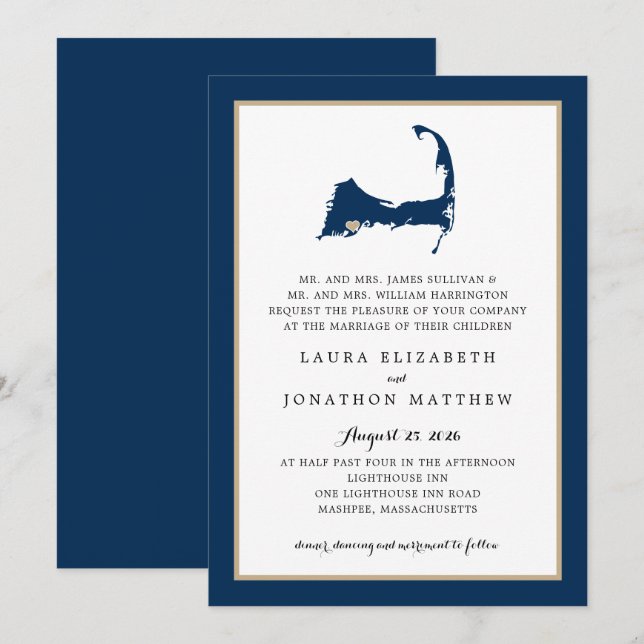 Navy Blue Mashpee Cape Cod Map Gold Heart Wedding Invitation (Front/Back)