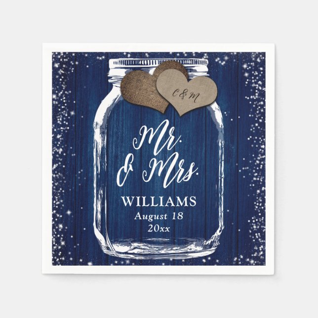 Navy Blue Mason Jar Rustic Wood Mr. & Mrs. Wedding Napkin (Front)