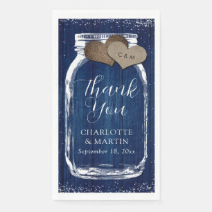 Navy Blue Mason Jar Rustic Wood Thank You Wedding Napkin