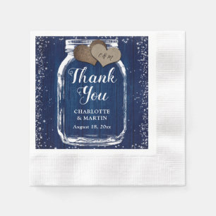 Navy Blue Mason Jar Rustic Wood Thank You Wedding Napkin