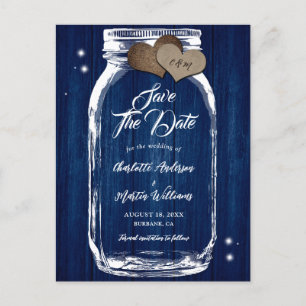 Navy Blue Mason Jar Wood Wedding Save The Date Announcement Postcard
