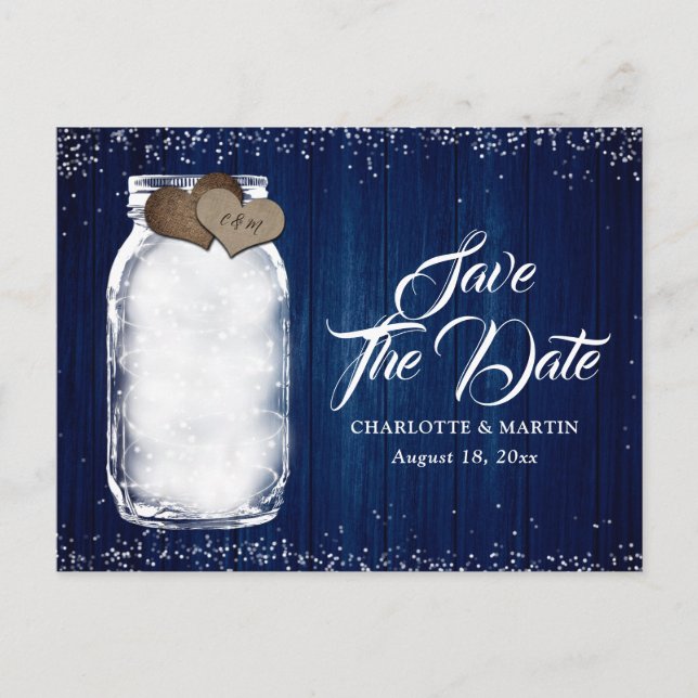 Navy Blue Mason Jar Wood Wedding Save The Date Announcement Postcard (Front)