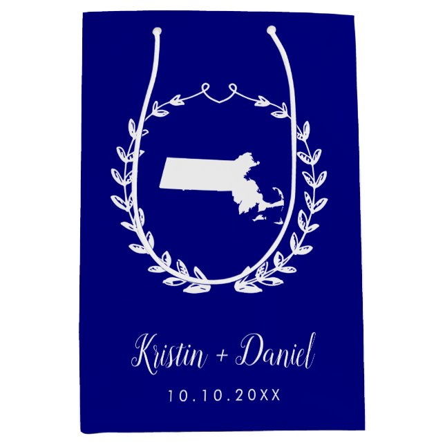 Navy Blue Massachusetts Map Wedding Welcome Swag Medium Gift Bag (Front)