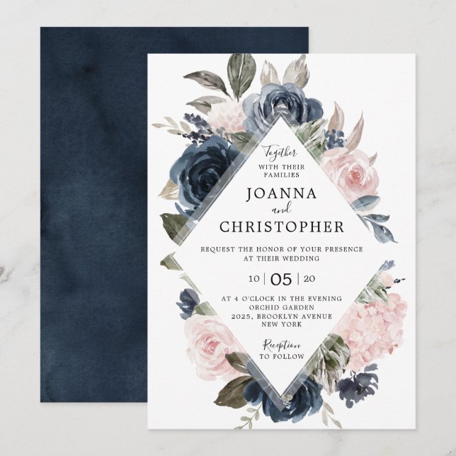 Navy Blue Mauve Blush Rose Boho Geometric Wedding Invitation (Front/Back)