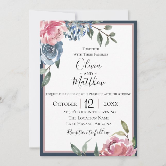 Navy Blue Mauve Botanical Wedding Invitation (Front)