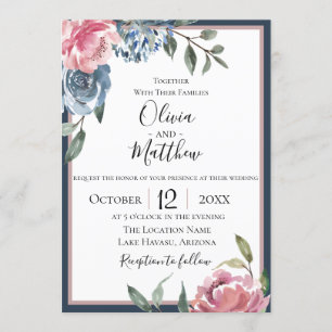 Navy Blue Mauve Botanical Wedding Invitation