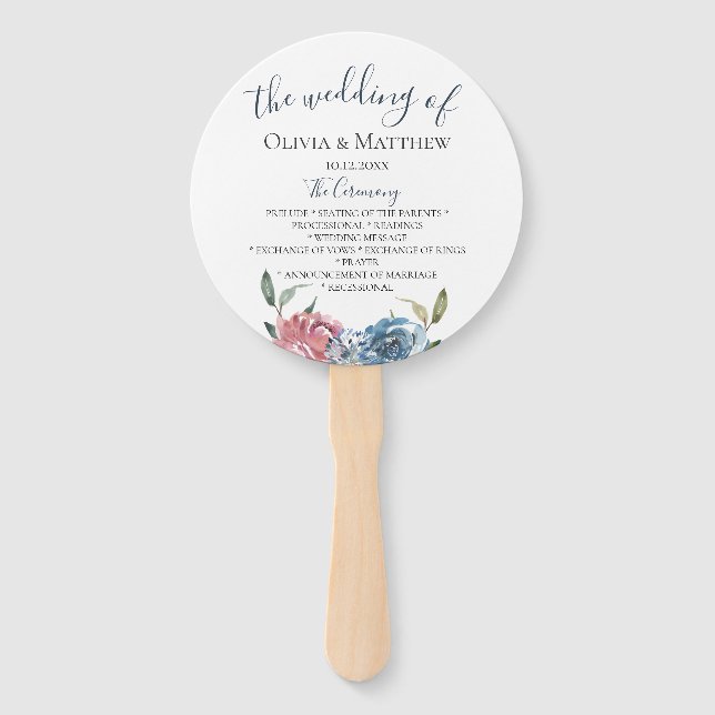 Navy Blue Mauve Botanical Wedding Program Hand Fan (Front)
