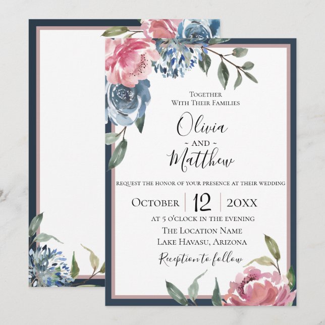 Navy Blue Mauve Botanicals Wedding Invitation (Front/Back)