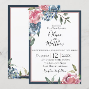 Navy Blue Mauve Botanicals Wedding Invitation