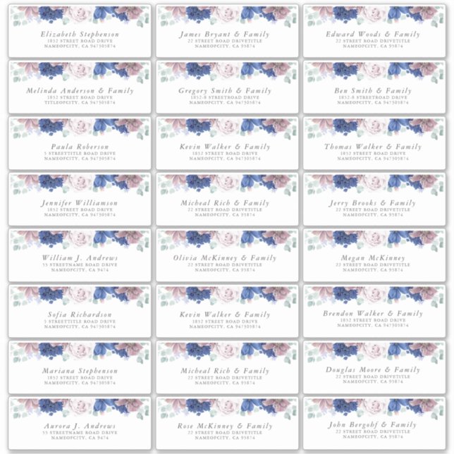 Navy Blue Mauve Floral Individual Address Labels (Front)