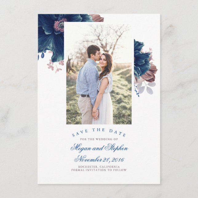 Navy Blue & Mauve Floral Photo Save the Date Card (Front)