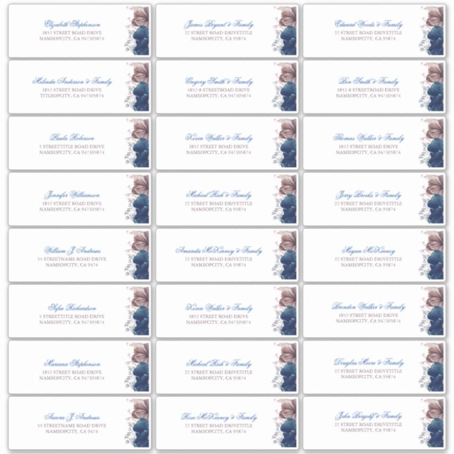 Navy Blue Mauve Flowers Guest Names Address Label (Front)