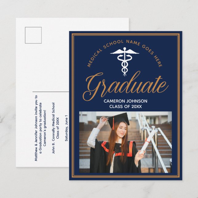 Navy Blue Medical School Photo Graduation Party Announcement Postcard (Front/Back)