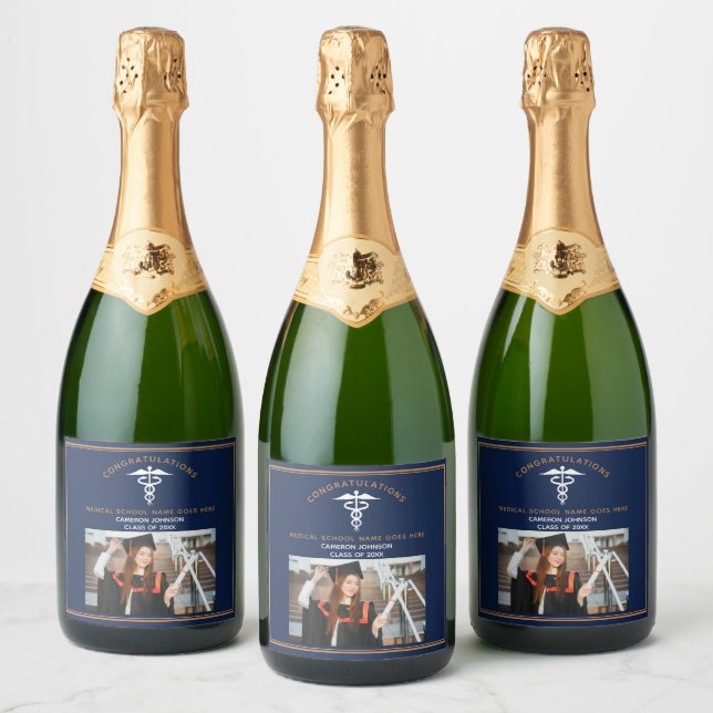 Navy Blue Medical School Photo Graduation Party Sparkling Wine Label (Bottles)
