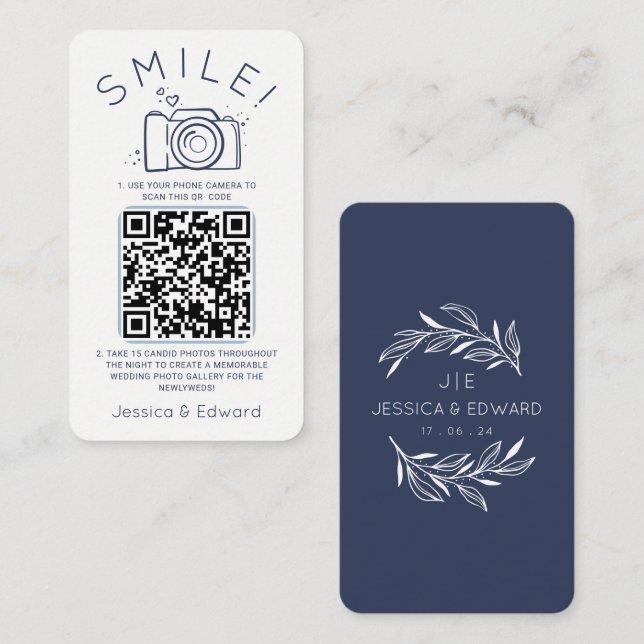 Navy Blue Memorable Photos Qr Code wedding Modern Place Card (Front/Back)