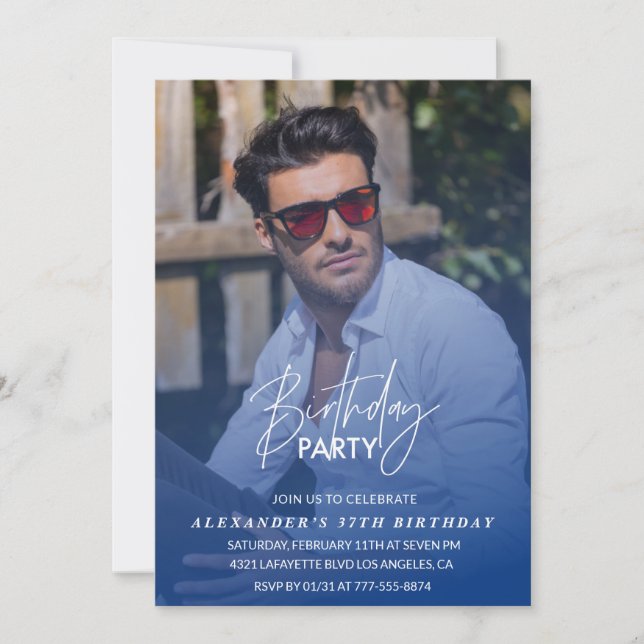  Navy blue Men Photo 37th birthday party Invitation (Front)
