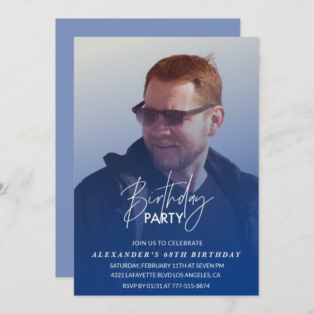 Navy blue Men Photo 68th birthday party Invitatio Invitation (Front/Back)