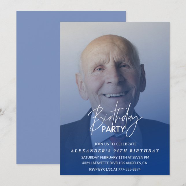 Navy blue Men Photo 94th birthday party Invitation (Front/Back)