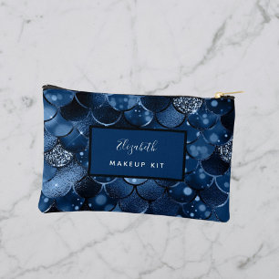 Navy blue mermaid scales name accessory pouch