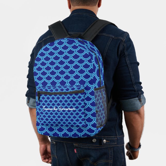 Navy Blue Mermaid Texture Printed Backpack (Insitu (Model))