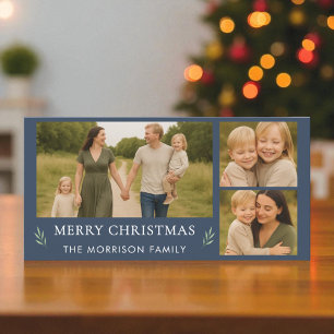 Navy Blue Merry Christmas 3 Photo Botanical Holiday Card