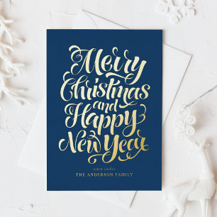 Navy Blue Merry Christmas and a Happy New Year Foil Holiday Card