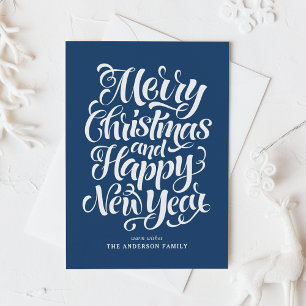 Navy Blue Merry Christmas and a Happy New Year Holiday Card